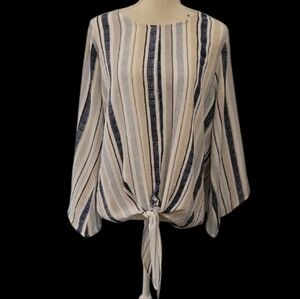 New Directions Blue, Tan, And White Tie Front Long Sleeve Blouse